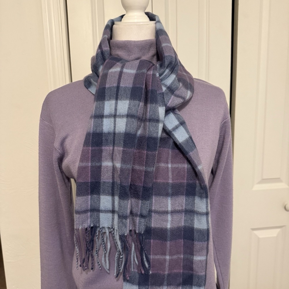 Luxury LOCHMERE 100% Cashmere Mauve Pale Blue Tartan Scarf - L60" x W12"
